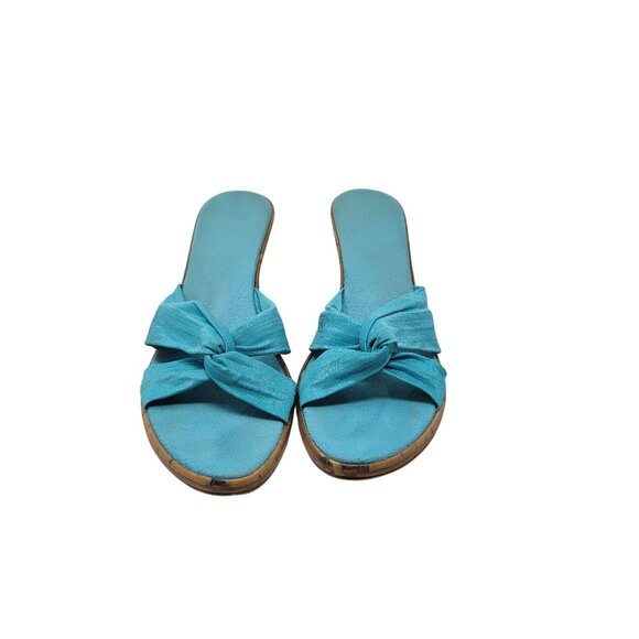 Vtg Vegan Handmade Italian Wedge Sandals Sz 10‎ Aqua Knotted Open Toe Resort - Picture 4 of 11